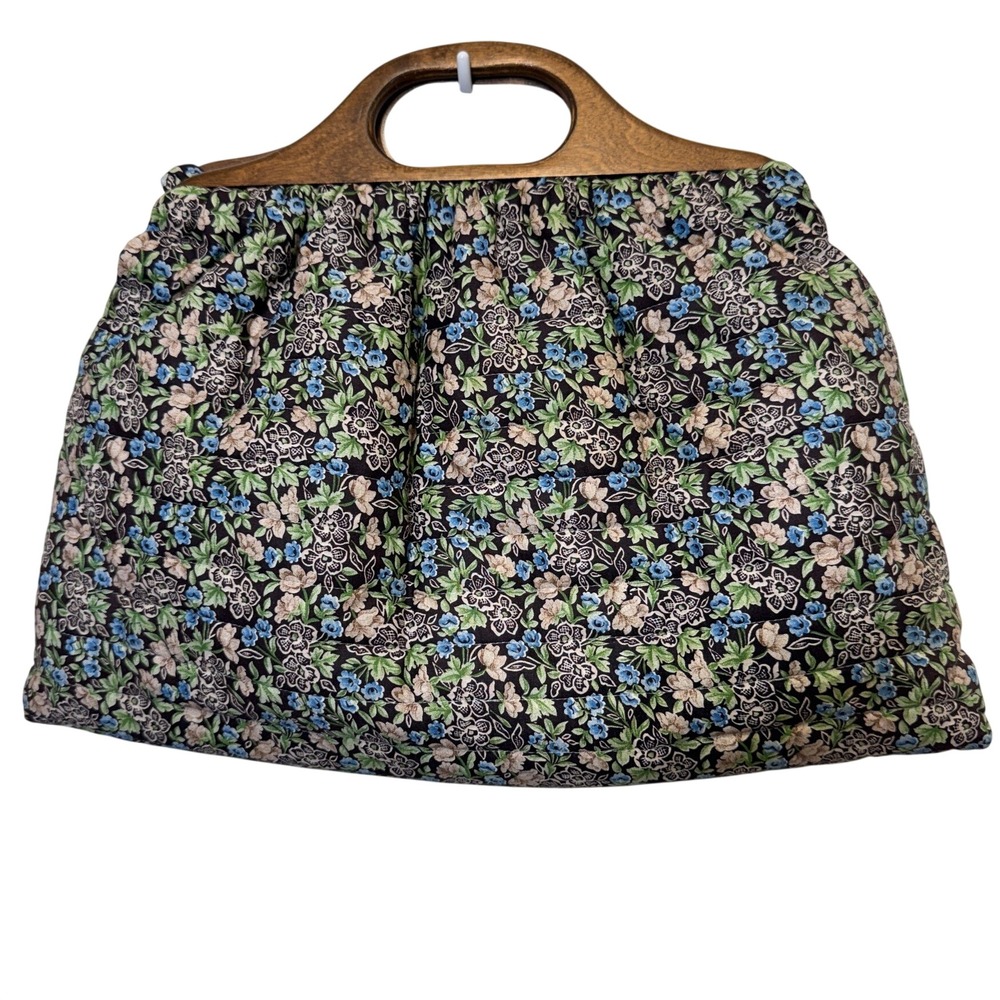 Vintage Fabric Handbag Wooden Cutout Handle Black Floral Cottagecore Boho Bag